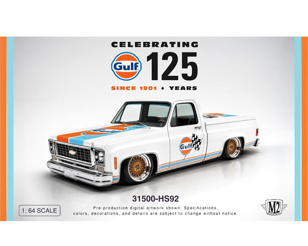 M2 Machines 1973 Chevrolet Custom Deluxe 10 GULF, white, 1:64 scale, Hobby Exclusive
