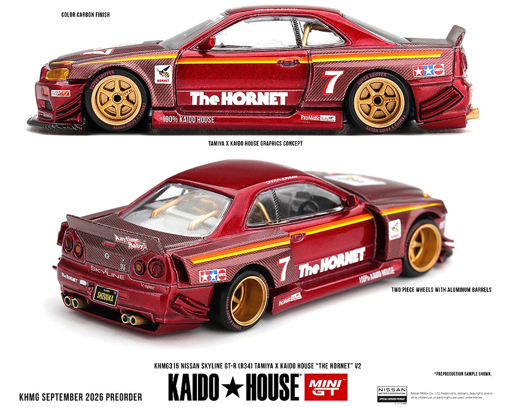 KHMG315 Kaido House x Mini GT Nissan Skyline GT-R R34 The Hornet V2 M. Red Carbon – side and rear views