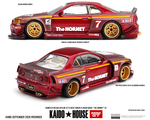 KHMG315 Kaido House x Mini GT Nissan Skyline GT-R R34 The Hornet V2 M. Red Carbon – side and rear views