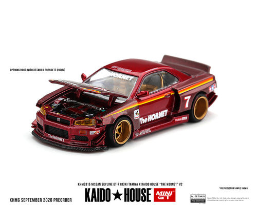 KHMG315 Kaido House x Mini GT Nissan Skyline GT-R R34 The Hornet V2 M. Red Carbon – front 3/4 view with open hood